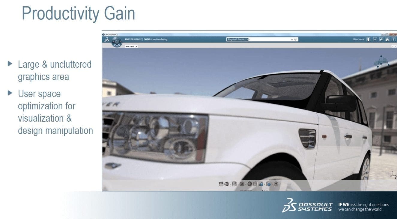 Dashboard do novo Catia 3DExperience com imagem de carro Land Roaver branco no fundo. Continue conferindo nosso artigo.
